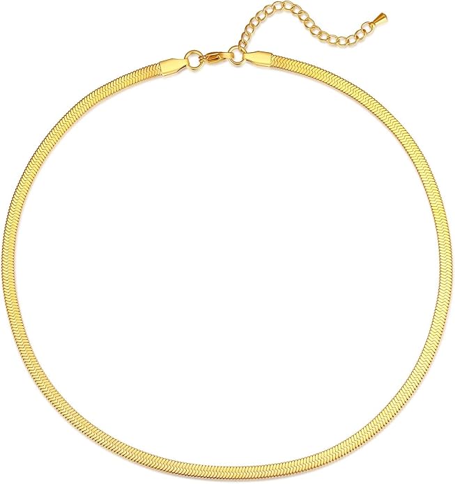 FOSIR Herringbone Necklace for Women, 14K Gold Plated/Silver/Black Choker Necklace, Dainty Surgical Stainless Steel Snake Chain for Women, 2.3mm/3mm/4mm/5mm Width