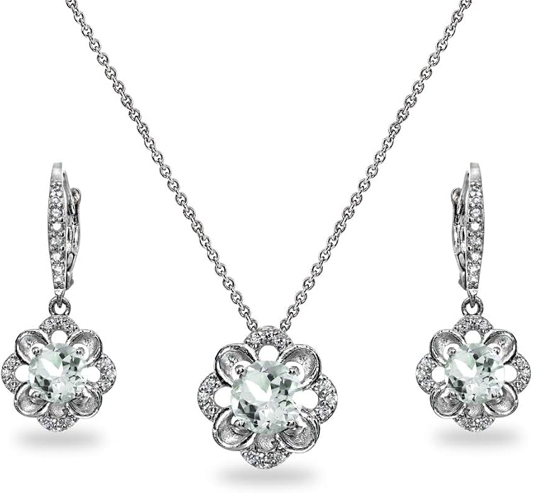 B. BRILLIANT Sterling Silver Genuine or Synthetic Gemstone 6mm Round-Cut Flower Dainty Slide Necklace & Leverback Earrings Set