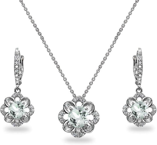 B. BRILLIANT Sterling Silver Genuine or Synthetic Gemstone 6mm Round-Cut Flower Dainty Slide Necklace & Leverback Earrings Set