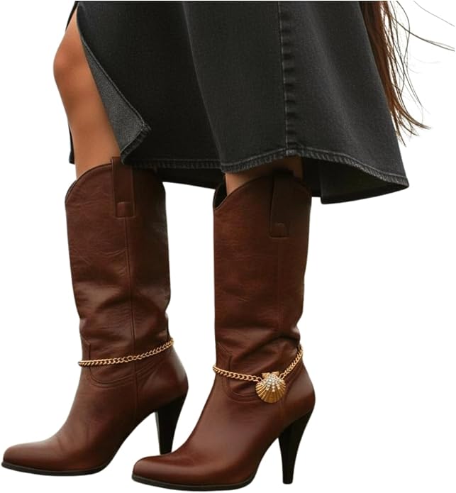 Women Western Fashion Jewelry Gold Metal Boot Chain Bracelet Shoe Anklet Bling Seashell Charm Vacation PAIR BC151