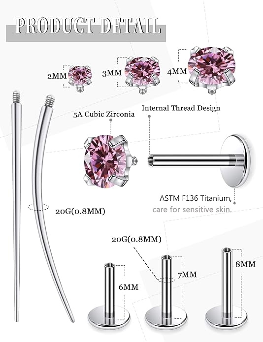 20G 18G 16G Astm F136 Titanium Internally Threaded Flat Back Earrings Nose Rings Studs G23 Titanium Tragus Helix Conch Cartilage Earrings Studs Piercing Jewelry For Women Men Clear Pink CZ
