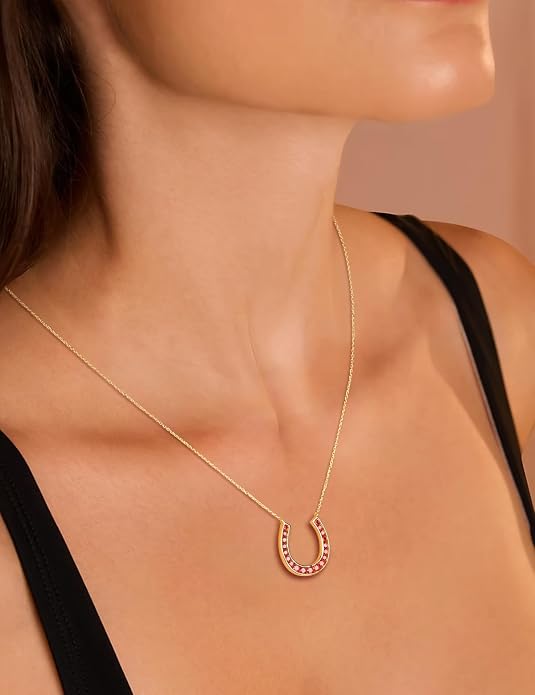 Luck Horseshoe Necklace 14K Gold Plated/Sterling Silver Created Gemstone Pendant with Chain Channel Set U Shaped Charm Necklace Birthstone Jewelry