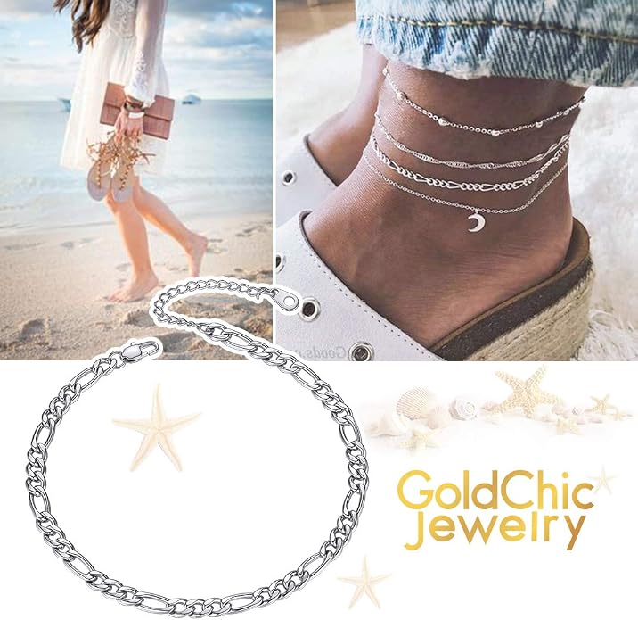 GoldChic Adjustbale Link Chain Anklet for Women Summer Jewelry, 316L Stainless Steel Figaro/Wheat/Twist Rope/Cuban Foot Bracelet-Waterproof, Resizable 9"-12" (Gift Box Included)