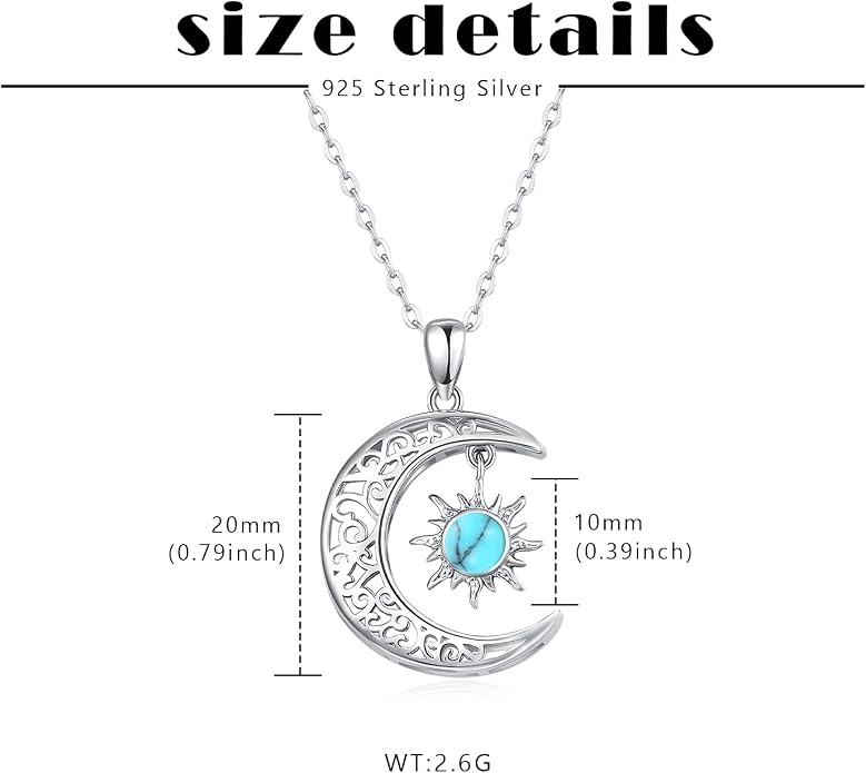 TRISHULA Moon Star Necklace, 925 Sterling Silver Crescent Moon Sun Pendant with Moonstone Crescent Jewelry Gift for Her Sister Birthday Christmas