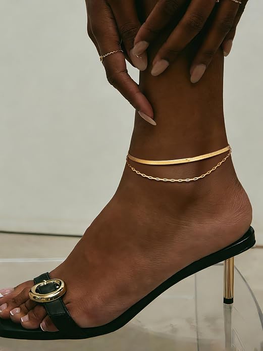 FOCALOOK 14K Gold Plated Anklets for Women Waterproof Plus Size Ankle Bracelet 8.5-10.5 Inch Adjustable Mariner/Figaro/Flat Snake/Cuban Link Chain Anklet Jewelry for Summer Beach Holiday