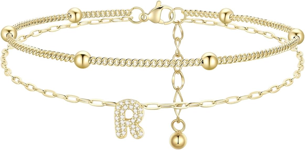 FindChic Silver/14K Gold Plated Layered CZ Initial Ankle Bracelet for Women | Waterproof Stainless Steel, Cubic Zirconia Letter Charm, Non-Tarnish, Hypoallergenic, Adjustable Extender, Summer Jewelry