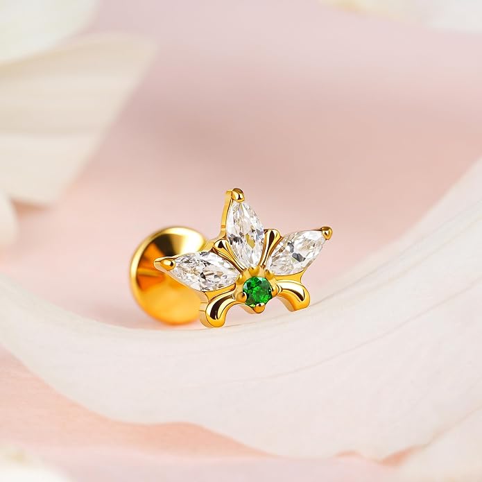 FINE4U ASTM F136 Titanium Piercing Jewelry Stud - 16G 6mm 8mm Triple Marquise Lotus Flower Cartilage Earring, Hypoallergenic Flatback Bridal Jewelry