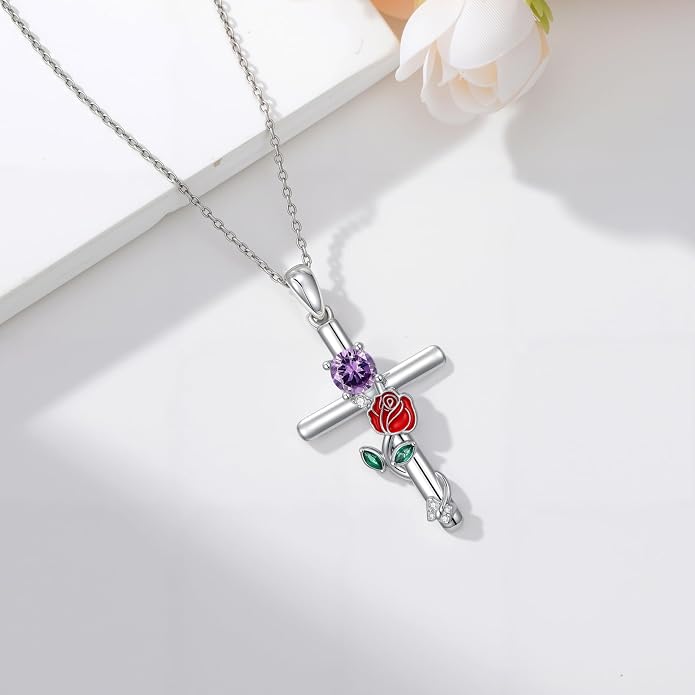 Birthstone Cross Necklace 925 Sterling Silver Rose with Butterfly Birthstone Cross Pendant Necklace Jewelry Gifts for Women Birthday Christmas