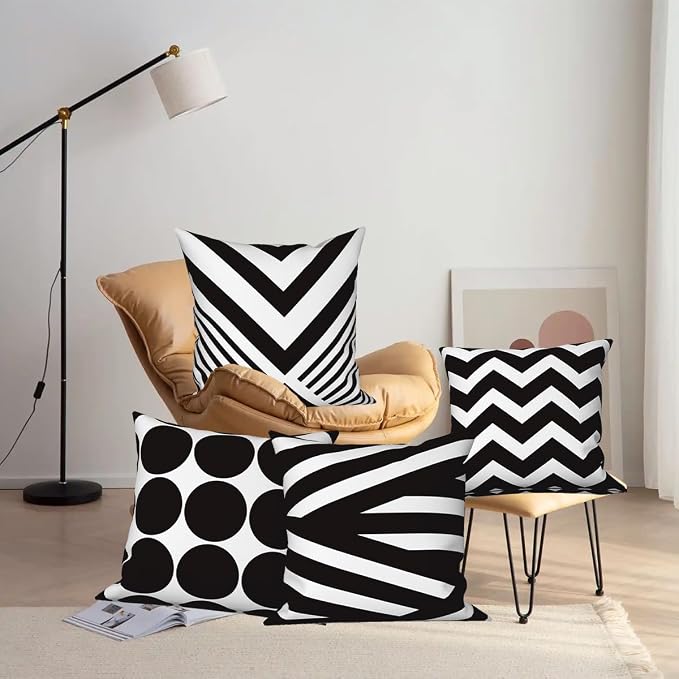 4 Pcs/Set Geometric Pillow Covers Black Winding Strips Circle Minimalist Geometry Retro Line Linen Throw Pillow Covers for Sofa Bedroom Outdoor Decorative, 24"x24", Black White