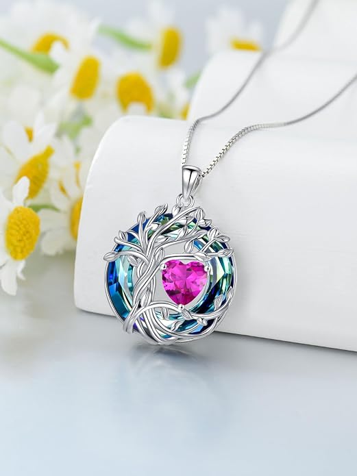 TOUPOP Tree of Life Birthstone Necklace Sterling Silver Pendant Birthstone Necklaces with Blue Crystal Anniversary Birthday Jewelry for Women Mom Wife Her