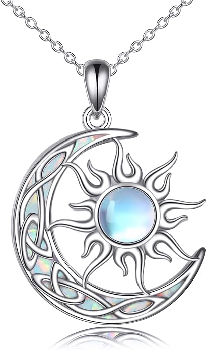Sun and Moon Necklace for Women 925 Sterling Silver Celtic Crescent Moon Pendant Blue Opal/White Opal/Abelone Shell/Labradorite/Moonstone Jewelry Gift for Teen Girls