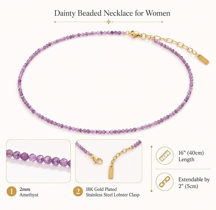 COAI 2mm & 3mm Danity Tiny Bead Necklace for Women, Stone Beaded Crystal Necklace for Women, Sodalite, Australian Jasper, Red Carnelian, Tourmaline, Amethyst, Turquoise Jewelry