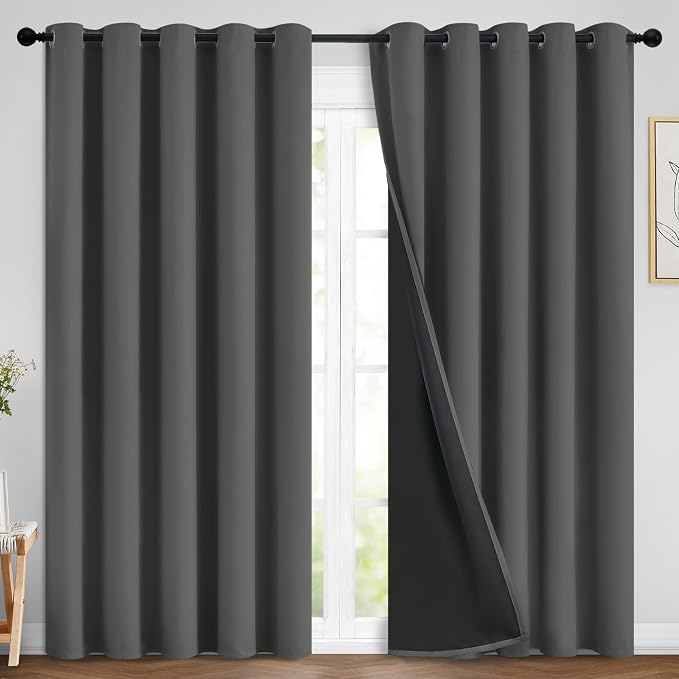 Yakamok Dark Grey 100% Blackout Curtains 84 Inches Long 70" Wide 2 Panels | Blackout Curtain Panels for Bedroom, 2 Thick Layers Grommet Top Thermal Insulated Drapes with Black Liner for Living Room