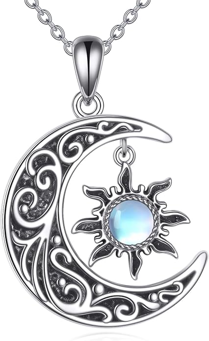 VONALA Crescent Moon Necklace Sterling Silver Emerald/Red/Purple/Black/Rainbow Topaz/Green/Aquamarine/Blue/Moss Agate Celtic Moon Teardrop Necklace Celtic Jewelry Gifts for Women Birthday