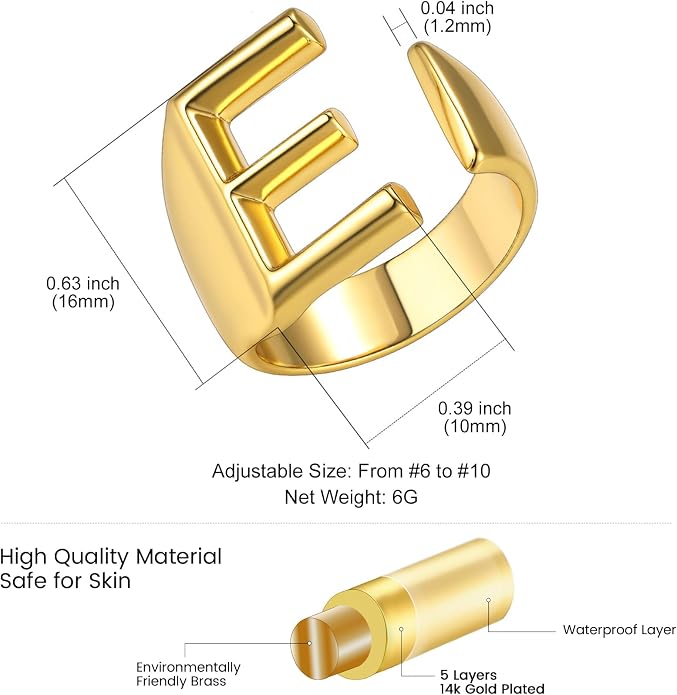 KeyStyle Bold Initial Letter Rings Adjustable, GoldChic Jewelry Women Gold Statement Ring Personalized Engraved Women’s Open Signet Ring for Party (Gold, White Gold, Black)