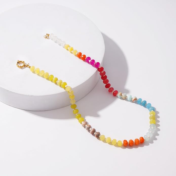LALAPPLE Colorful Beaded Gemstone Necklace for Women, Boho Rainbow Bead Choker with Natural Stone Crystal Beads, Handmade Summer Beach Necklace Jewelry