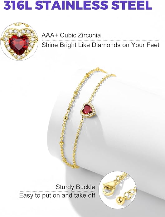 Richsteel Double Layer Heart/Butterfly Birthstone Anklet for Women Non Tarnish Waterproof, Silver/Gold/Black Stainless Steel 8.5-10.5 Inch Adjustable Chain Anklets Jewelry Gifts for Her