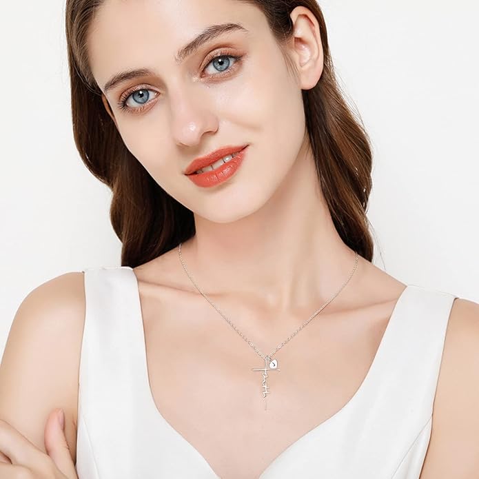 PRAYMOS Faith Cross Necklace for Women 925 Sterling Silver Pendant Necklace With Birthstone Initial Christian Religious Confirmation Baptism Mothers Day Gifts