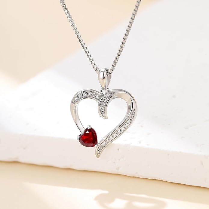 Love Heart Necklace for Women, 925 Sterling Silver Cubic Zirconia Birthstone Heart Pendant Jewelry Gift for Mom, Mother, Wife, Girlfriend on Birthday, Mother's Day, Chain 18 inch