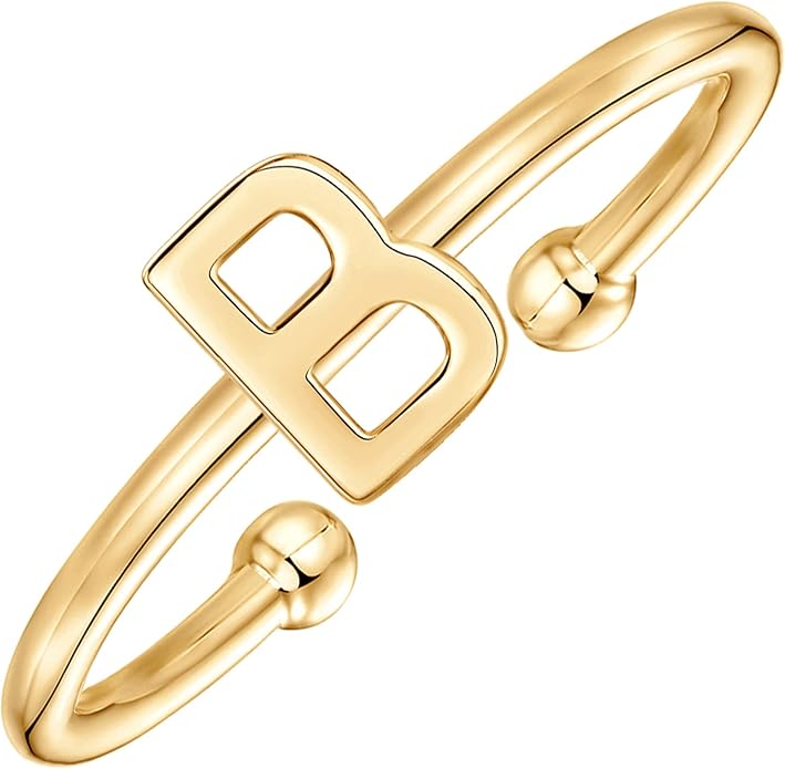 PAVOI 14K Gold Plated Initial Letter Adjustable Ring for Women - Thin Initial Band - Dainty Fashion Jewelry Gifts