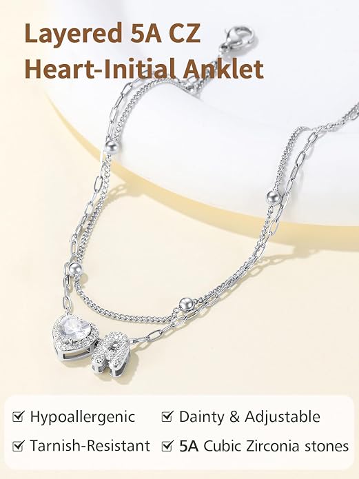 FindChic Silver/14K Gold Plated Layered CZ Initial Ankle Bracelet for Women | Waterproof Stainless Steel, Cubic Zirconia Letter Charm, Non-Tarnish, Hypoallergenic, Adjustable Extender, Summer Jewelry