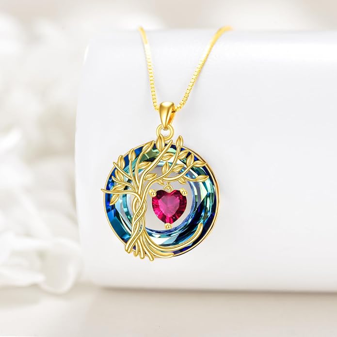 POPLYKE Mothers Day Gifts for Mom Her Wife Tree of Life Necklace 925 Sterling Silver Birthstone Pendant with Crystal Anniversary Birthday Wedding Jewelry for Women