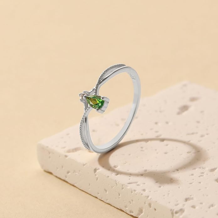 925 Sterling Silver Birthstone Ring for Women Non Tarnish Stackable Ring 14K Gold Plated Pear Teardrop Green Cubic Zirconia Crown V Engagement Promise Rings Wedding Graduation Jewelry Gifts