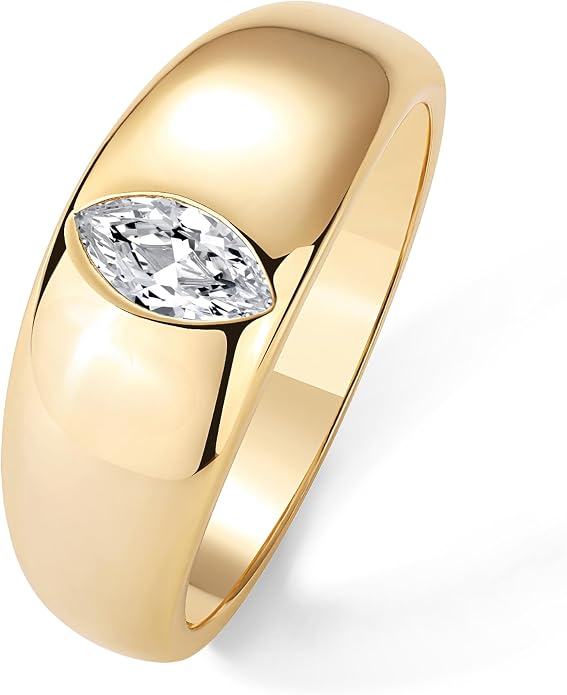 PAVOI 14K Gold Plated Chunky Dome Statement Ring for Women | Marquise Cubic Zirconia Dome Ring | Thick Stackable Bands (Yellow Gold, 6)