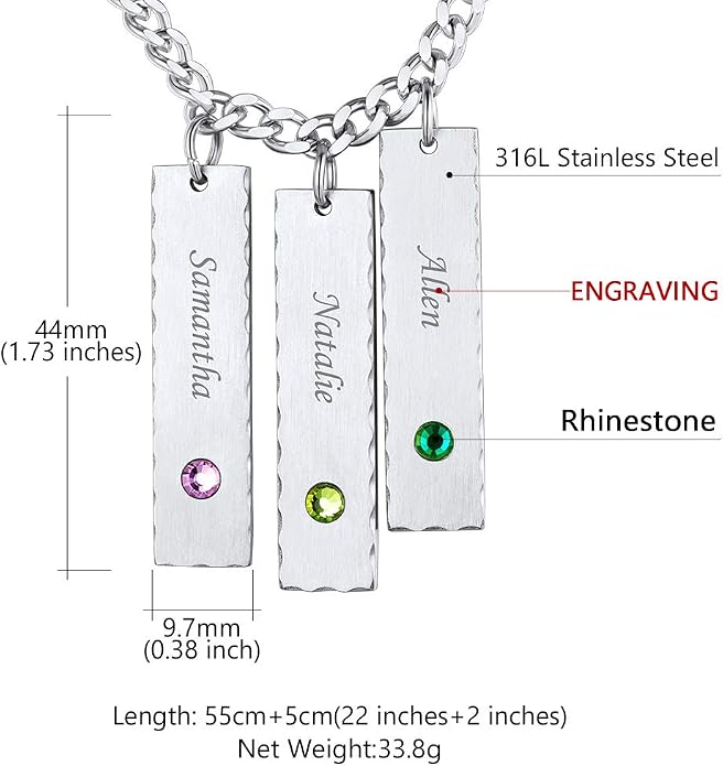 Custom4U Personalized Birthstone Bar Necklaces for Women, Custom Handmade Silver/Black/Gold Vertical Bar Pendants with 1-3 Names Engraved,Unique Memorial Necklace for Her