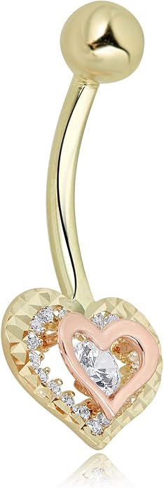 AVORA 10K 2-Tone Gold Simulated Diamond CZ and Diamond-cut Heart Belly Button Ring Body Jewelry (14 Gauge)