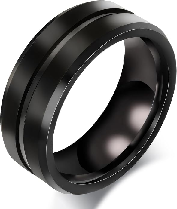 MMTTAO Men's Titanium Ring Wedding Bands for Men Women 6MM 8MM 10MM Black/Blue/Silver Engagement Band Wedding Rings Beveled Edge Brushed Matte Finished & Polished Grooved Center Comfort Fit Size 6-13