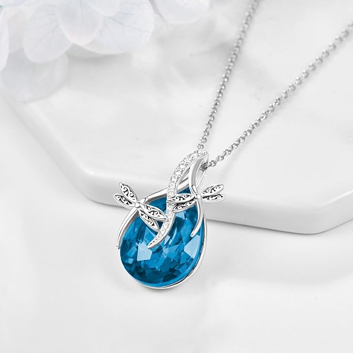 PRAYMOS S925 Sterling Silver Birthstone Necklaces for Women Dainty CZ Necklace Dragonfly Pendant Minimalist Jewelry Gift
