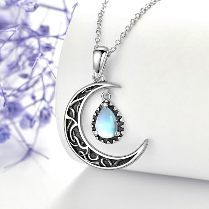 VONALA Crescent Moon Necklace Sterling Silver Emerald/Red/Purple/Black/Rainbow Topaz/Green/Aquamarine/Blue/Moss Agate Celtic Moon Teardrop Necklace Celtic Jewelry Gifts for Women Birthday