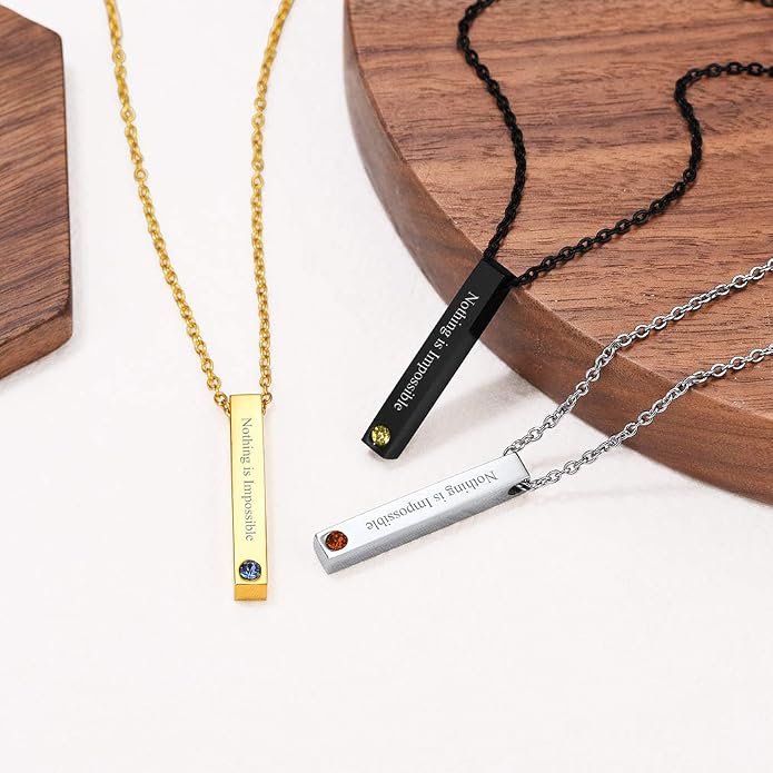 Custom4U Personalized Birthstone Bar Necklaces for Women, Custom Handmade Silver/Black/Gold Vertical Bar Pendants with 1-3 Names Engraved,Unique Memorial Necklace for Her