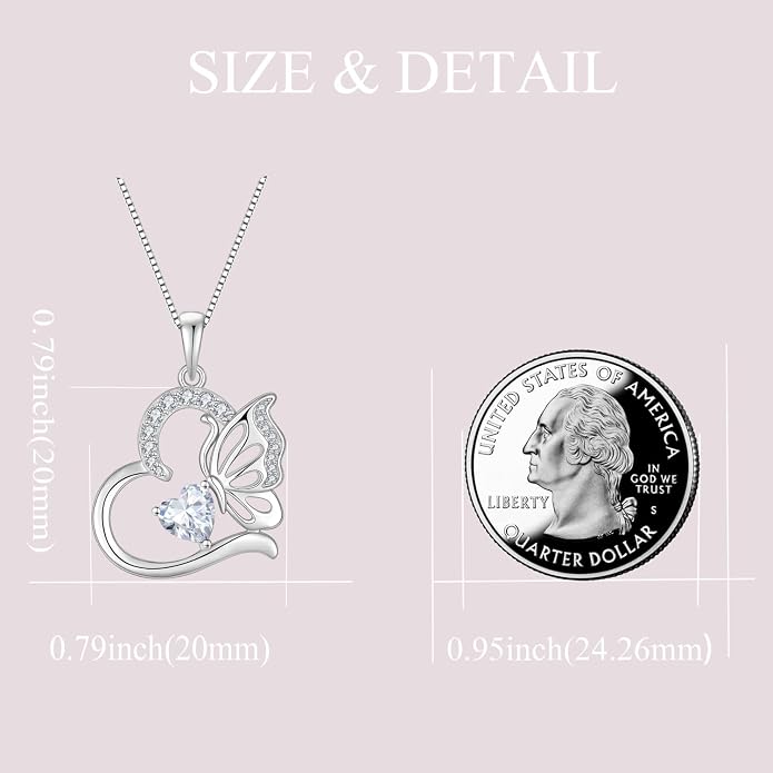 Butterfly Necklace for Women 925 Sterling Silver Heart Pendant Birthstones Jewelry Gift