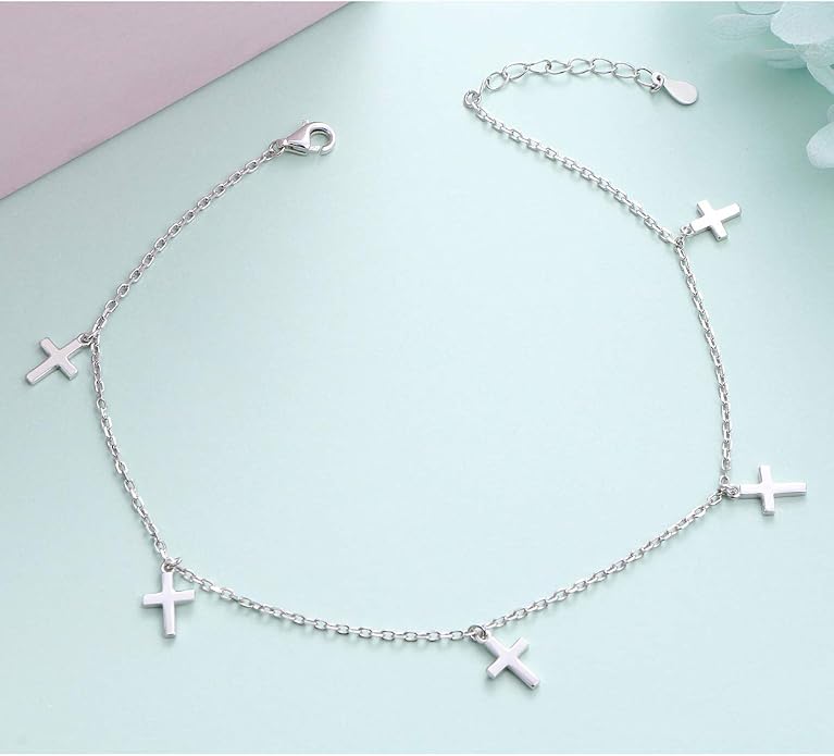 Anklet for Women S925 Sterling Silver Beach Style Foot Layered Adjustable Ankle Bracelet Disc Evil Eye Heart Infinity Bead Cross Jewelry