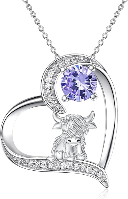 Highland Cow Gifts for Women 925 Sterling Silver Highland Cow Birthstone Necklace Fluffy Cow Jewelry Gifts Birthday Christmas