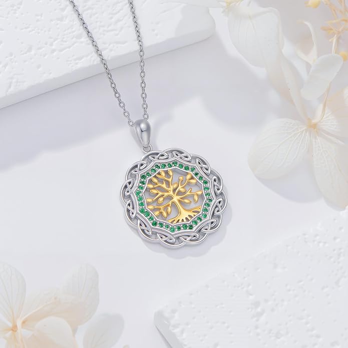 Sterling Silver Birthstone Celtic Tree of Life Necklace, 18K Gold Plated Colored Gemstone Tree of Life Pendant Two-Tone Necklaces Jewelry Birthday Gifts for Women 18" - 20"