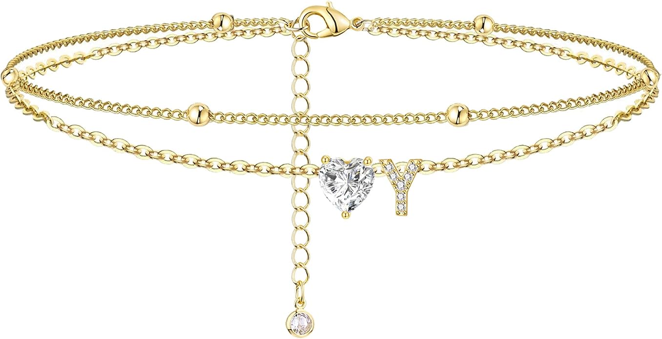 Ankle Bracelets for Women Waterproof 14K Gold Plated CZ Initial Anklet for Women Dainty Layered Letter Heart Ankle Bracelets Handmade Adjustable Foot Chain Anklet Summer Beach Jewelry