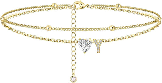 Ankle Bracelets for Women Waterproof 14K Gold Plated CZ Initial Anklet for Women Dainty Layered Letter Heart Ankle Bracelets Handmade Adjustable Foot Chain Anklet Summer Beach Jewelry