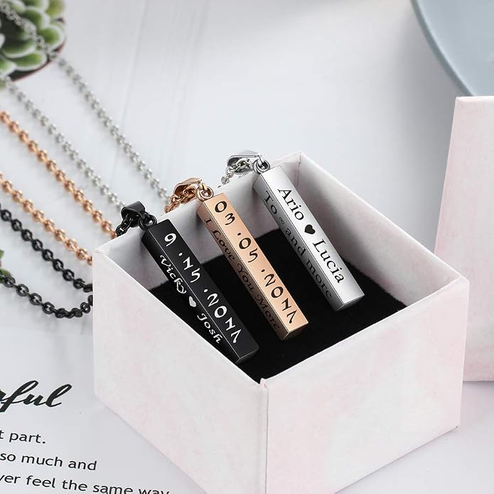 Personalized Engraved Necklace for Women Men Custom Stainless Steel Necklace Engraved Name Vertical Bar Necklace Birthday Gifts for Boyfriend (Black)