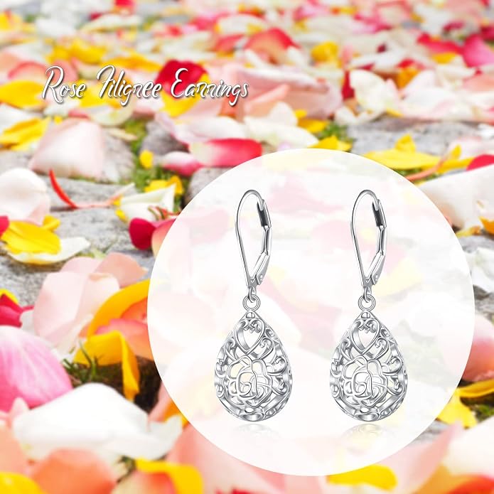 925 Sterling Silver Filigree Dangle Drop Earrings Daisy/Lotus/Rose Flower/Moonstone Leverback Teardrop Earrings for Women Infinity Celtic Knot Daisy Lotus Jewelry for Mothers Day