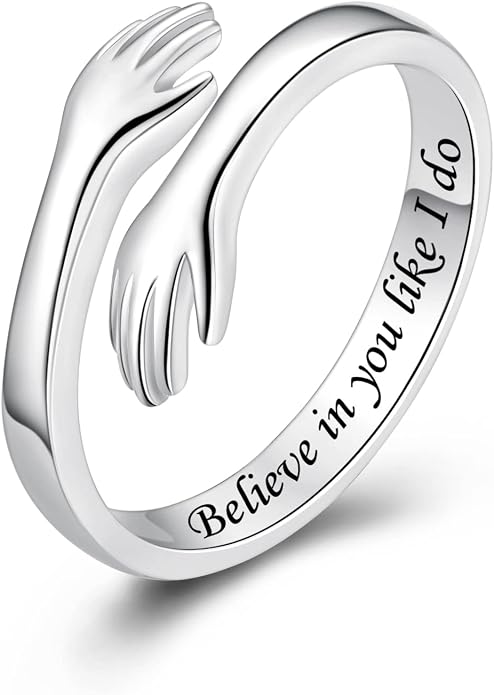 S925 Sterling Silver Hug Rings for Women Teen Girls Adjustable Ring for Granddaughter Daughter Hope Promise Friendship Hand Ring Jewelry for Birthday Graduation Christmas Mothers Day Valentines Gifts