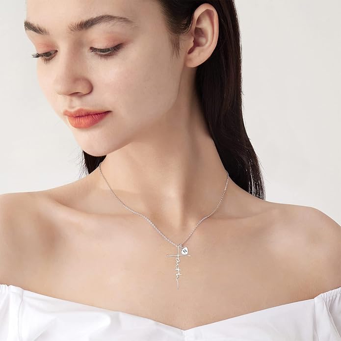 PRAYMOS Faith Cross Necklace for Women 925 Sterling Silver Pendant Necklace With Birthstone Initial Christian Religious Confirmation Baptism Mothers Day Gifts