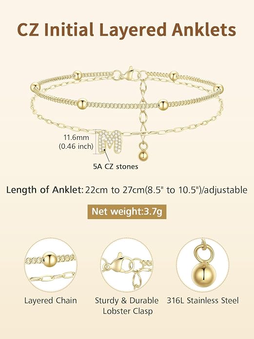 FindChic Silver/14K Gold Plated Layered CZ Initial Ankle Bracelet for Women | Waterproof Stainless Steel, Cubic Zirconia Letter Charm, Non-Tarnish, Hypoallergenic, Adjustable Extender, Summer Jewelry