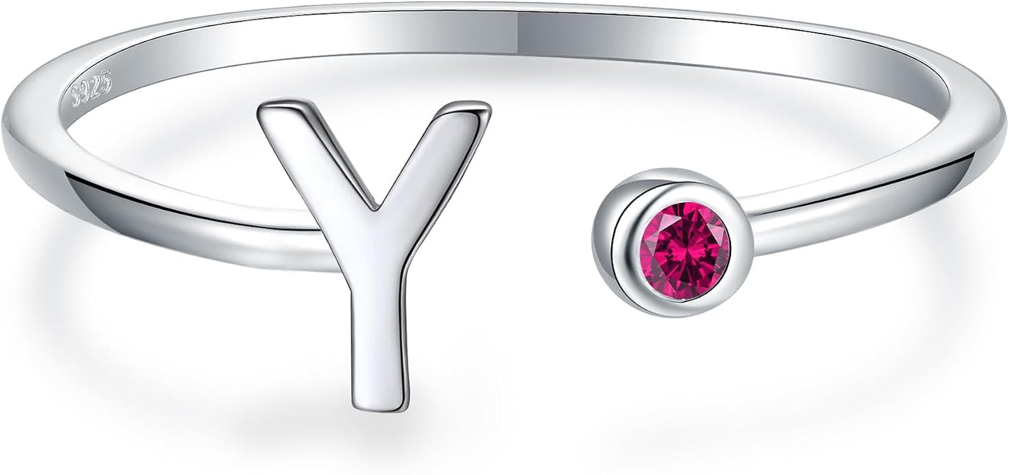 925 Sterling Silver Initial Letter Birthstone Rings for Women Adjustable 1-12 Month Birthstone Alphabet Stacking Ring for Teens Girls Stackable Birthstone Rings Birthday Jewelry Gift for Daughter Mom