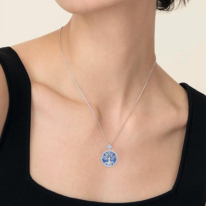 Tree of Life Moissanite Necklace, 925 Sterling Silver 0.5 Carat Moissanite Abalone Shell/Opal/Black Onyx/Turquoise/Malachite/Tiger Eye Stone Tree of Life Pendant Necklaces Jewelry Gift for Women Mom