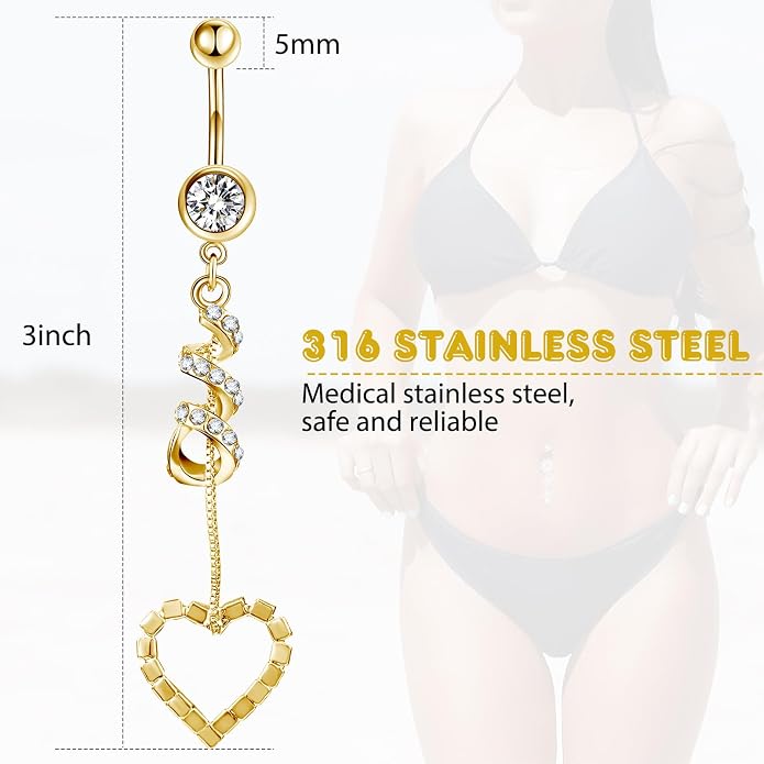 Yaomiao 18 Pcs 14G Stainless Steel Belly Button Ring Rhinestone Heart Dangle Belly Button Rings for Women