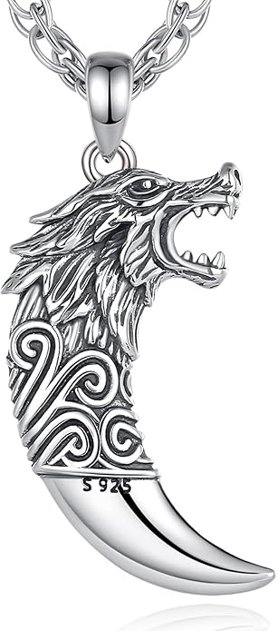 925 Sterling Silver Viking Wolf Mjolnir Necklace for Men Women, Viking Runes Wolf Tooth Witch Celtic Knot Amulet Protection Pendant Nordic Norse Mythology Jewelry Gift for Men Women