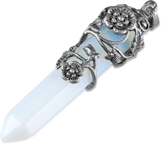 Top Plaza Antique Silver Flower Wrapped Synthetic Opalite Healing Crystal Necklace